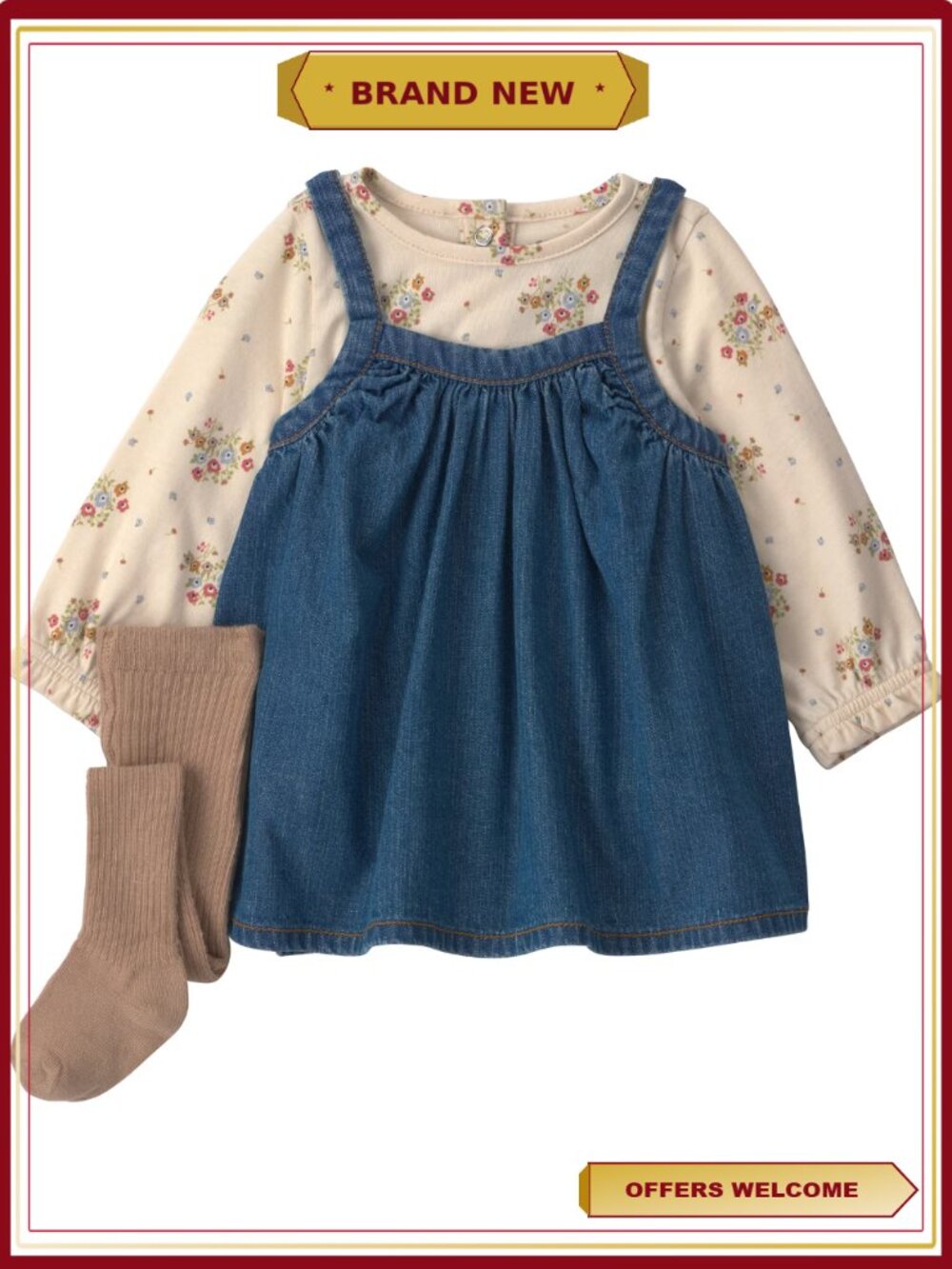 3-Piece Baby Girl Dress Set Cotton Top Denim Dress Tights 18M